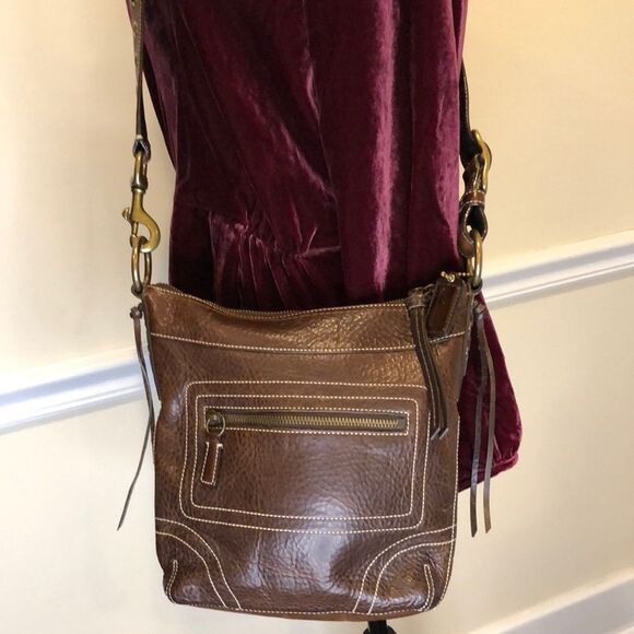 COACH Brown Tumbled Leather Crossbody Tote Shoulder Bag Exterior Zipper Pocket - Picture 3 of 16